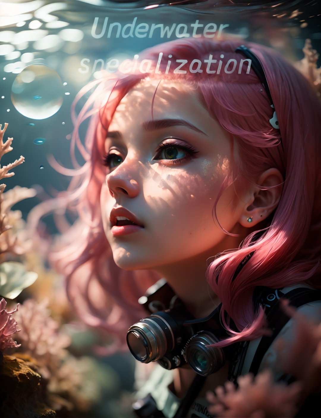 best quality, masterpiece, underwater, 1girl,  (close up), camera, pink hair, engine,transparent diving mask, <lora:MJ水底特化:0.8> 