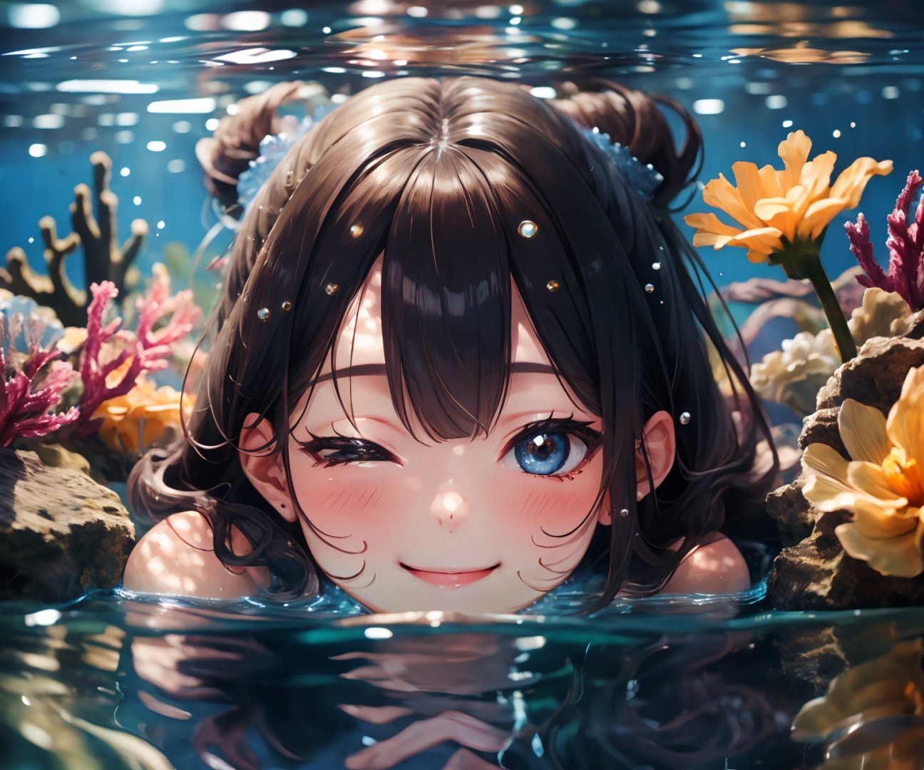 best quality, masterpiece, blue, (close up,1girl:1.3), highres,detailed, smile,half close eyes,underwater, <lora:MJ水底特化:0.8> 