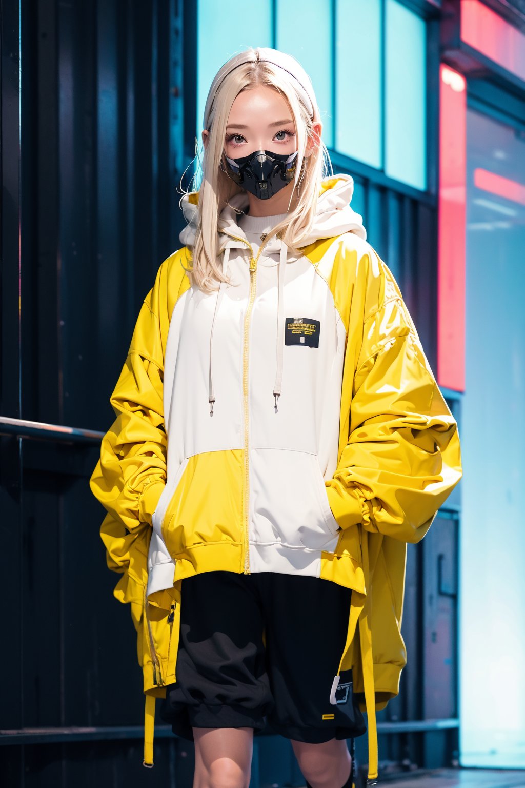 1girl, solo, gas mask, hoodie, longhair, en body, science fiction, closed mouth, yellow hair,pink clothes,tattoos in body,Technological background, parka, short pants, full shot,  human skin,Colorful portraits,Urban techwear,Outfit,Cyberworld,soft,nguang,newspaper, (movement:1.2),nijistyle, (white theme:1.2),flat