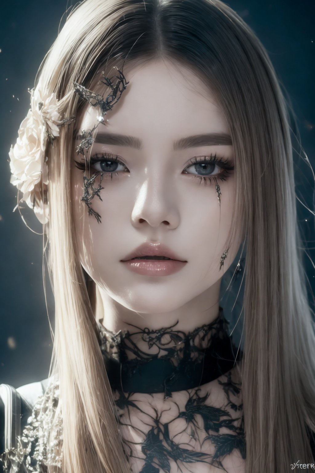 非常详细的 CG 统一 8k 壁纸）,most beautiful artwork in the world,1girll,The upper part of the body,Devil Eyes,The eye,eyelashes,cparted lips,jewely,choker necklace,spiderwebs,dark mole_under below_eye,Tattooed with,feater_Hair_decorations,lipstick,eyeslashes,yuzu