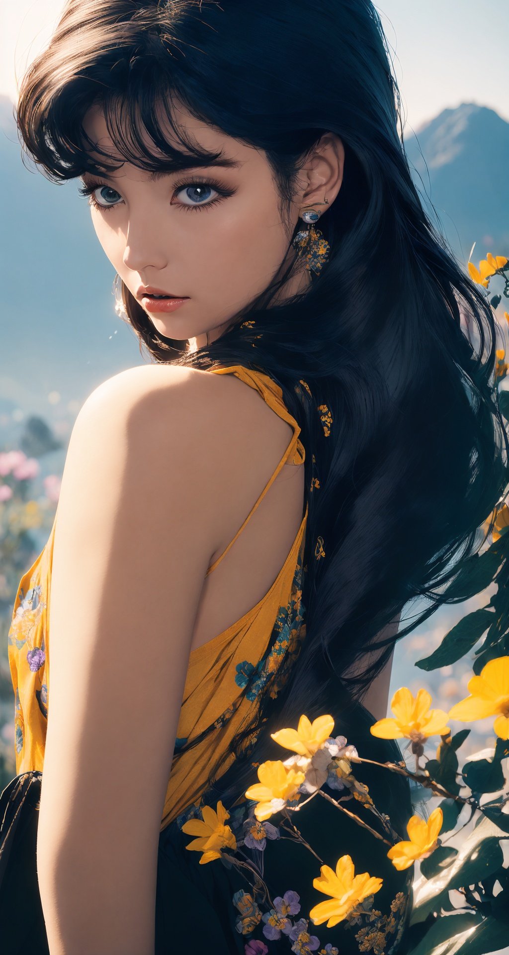 1 girl, upper body portrait close-up, black hair, flowing hair, hazy beauty, extremely beautiful facial features, yellow embroidered dress, hairpins on the head, lying in a bush, purple flowers, (spring, rainy days, terraces, mountains), simple vector art, contemporary Chinese art, soft light, layered form, overlook