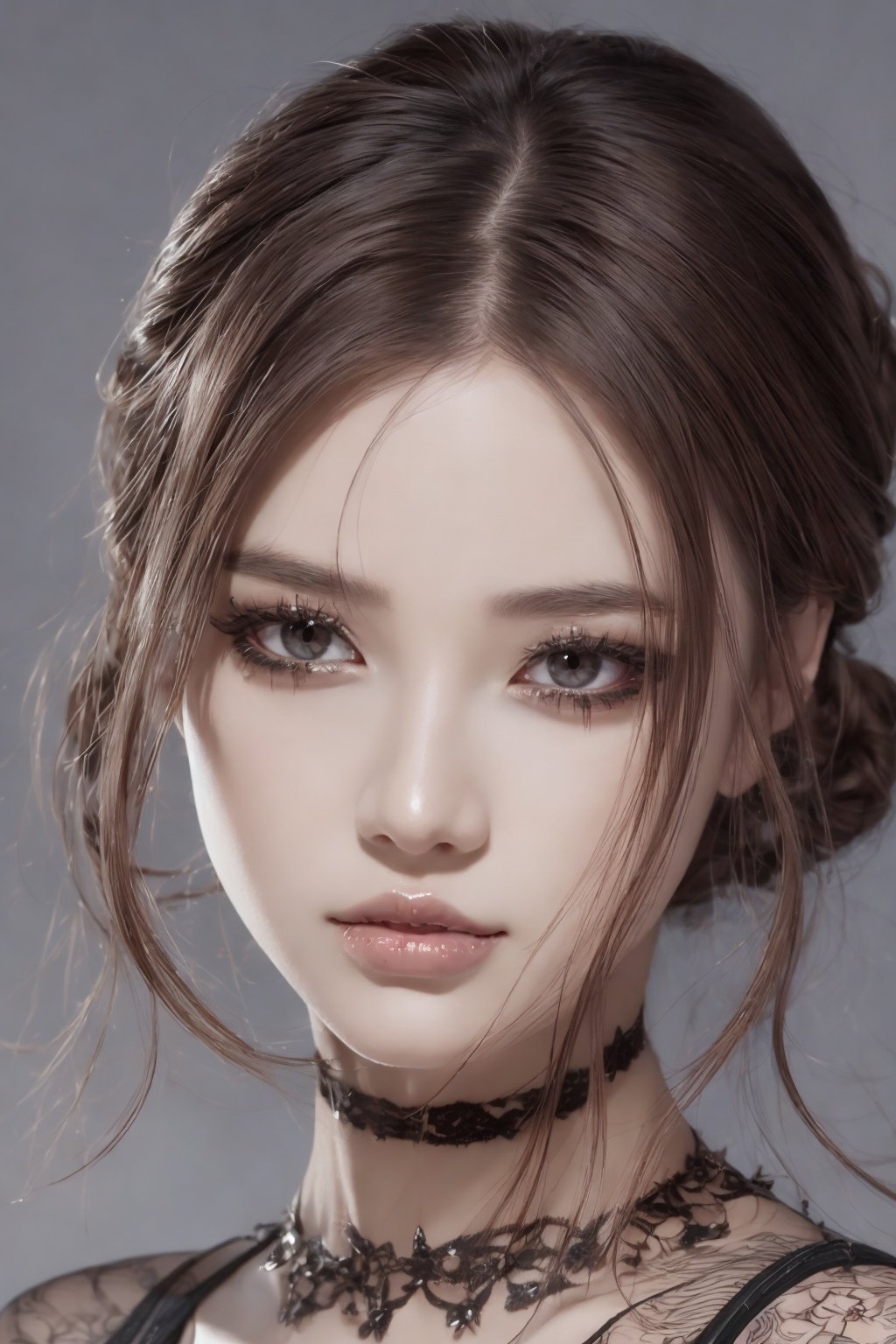 非常详细的 CG 统一 8k 壁纸）,most beautiful artwork in the world,1girll,The upper part of the body,Devil Eyes,The eye,eyelashes,cparted lips,jewely,choker necklace,spiderwebs,dark mole_under below_eye,Tattooed with,feater_Hair_decorations,lipstick,eyeslashes,yuzu