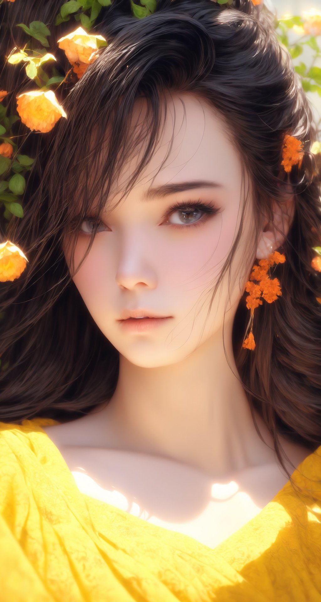 1 girl, upper body portrait close-up, black hair, flowing hair, hazy beauty, extremely beautiful facial features, yellow embroidered dress, hairpins on the head, lying in a bush, purple flowers, (spring, rainy days, terraces, mountains), simple vector art, contemporary Chinese art, soft light, layered form, overlook