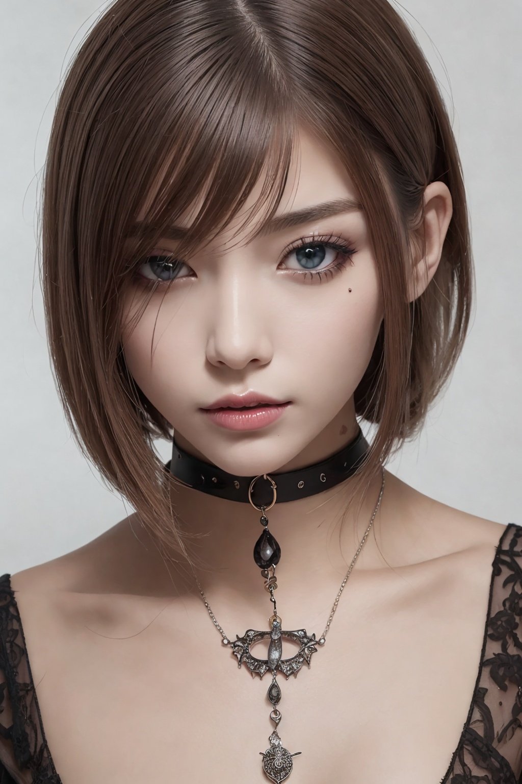 非常详细的 CG 统一 8k 壁纸）,most beautiful artwork in the world,1girll,The upper part of the body,Devil Eyes,The eye,eyelashes,cparted lips,jewely,choker necklace,spiderwebs,dark mole_under below_eye,Tattooed with,feater_Hair_decorations,lipstick,eyeslashes,yuzu