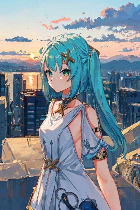 1girl, upper body,((looking at viewer, )),sunset,(city),(highres, masterpiece, best quality, ultra-detailed 8k wallpaper, extremely clear)