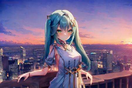 1girl,((looking at viewer, )),sunset,(city),(highres, masterpiece, best quality, ultra-detailed 8k wallpaper, extremely clear)