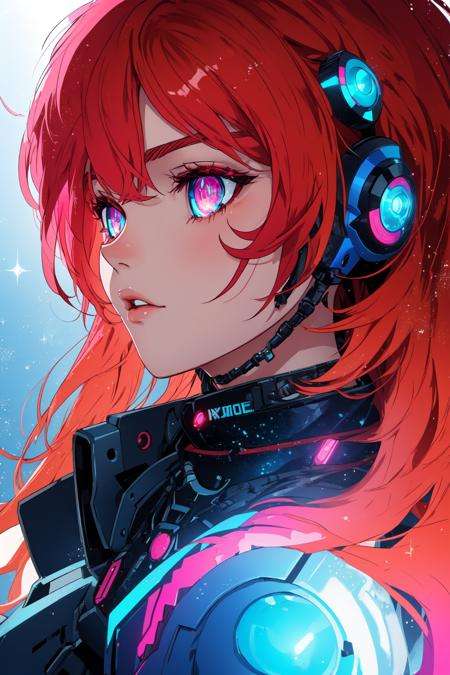 red hair, orange hair, gradient hair, blue eyes, pink eyes, gradient eyes, from side, profile picture, cyberpunk background, robotic, hair flowing over, volumetric lighting, light particles, sparkling eyes, dystopian, colorful