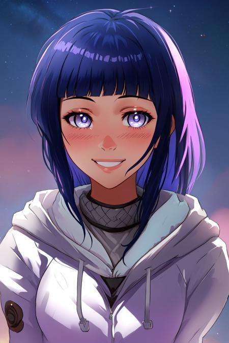 <lora:Hinata:0.8>, hyuuga hinata, empty eyes, lavender eyes, white hoodie, light smile, blush, blunt bangs, dark blue hair 