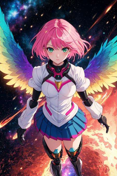 pink hair, mechanical arms, mechanical legs, pleated skirt, green eyes, short hair, double v, from above, quasar, galaxy, abstract, light particles, volumetric lighting, wind, wind particles, sparkling eyes, mechanical wings, rainbow, colorful, beautiful