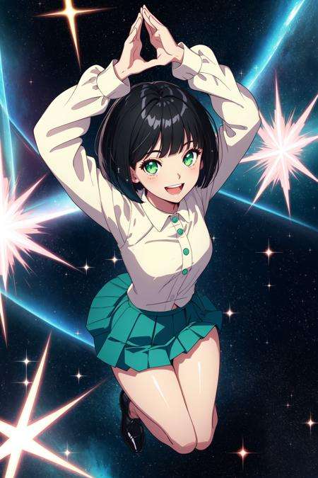 black hair, green eyes, short hair, bob cut, arms up, excited, sparkling eyes, sparkle, light particles, volumetric lighting, smile, long sleeves, pleated skirt, from above, outstretched hand, double v