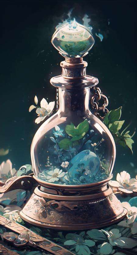 (green vaze), fire, no humans, floral print, black background, still life, chain,blue fire, simple background, plant<lora:vaze-noise:1>