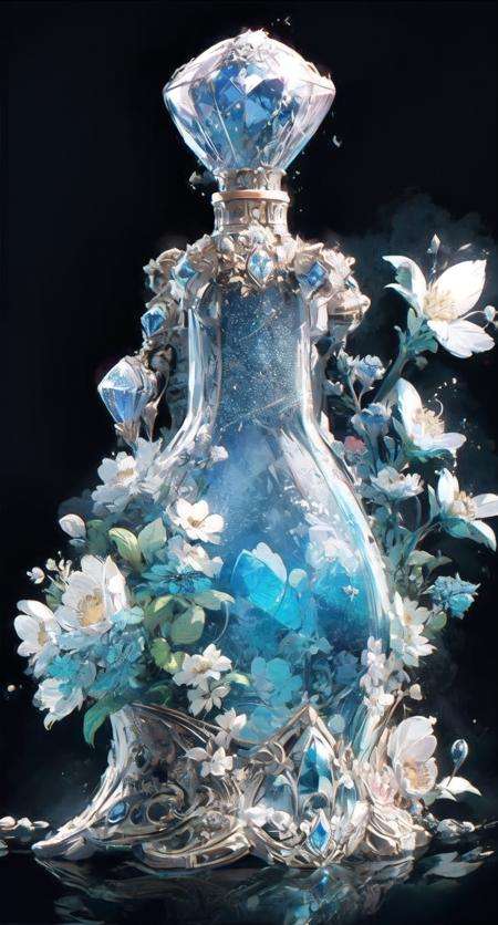blue vaze, no humans, still life, gem, flower, black background, simple background, white flower <lora:vaze-noise:1>