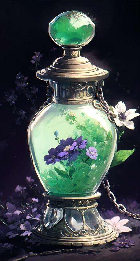 (green vaze), flower, no humans, floral print, black background, still life, chain,purple flower, simple background, plant<lora:vaze-noise:1>
