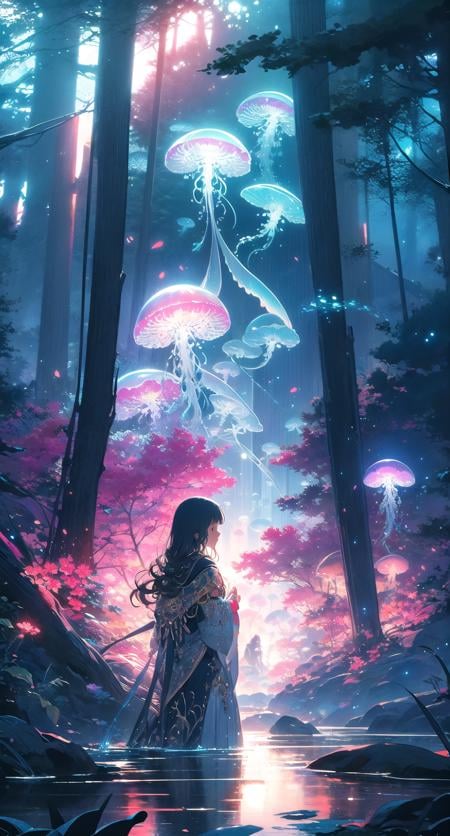 jellyfishforest, 1girl, mushroom, dress, long hair, scenery, white dress, solo, nature, water, wading, outdoors, tree, standing, black hair, fantasy, forest <lora:jellyfish-noise:1>