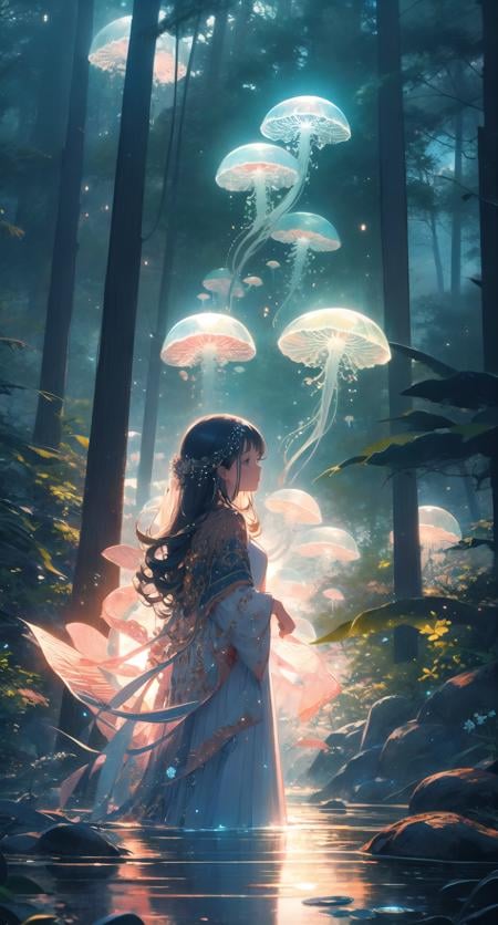 jellyfishforest, 1girl, mushroom, dress, long hair, scenery, white dress, solo, nature, water, wading, outdoors, tree, standing, black hair, fantasy, forest <lora:jellyfish-noise:1>