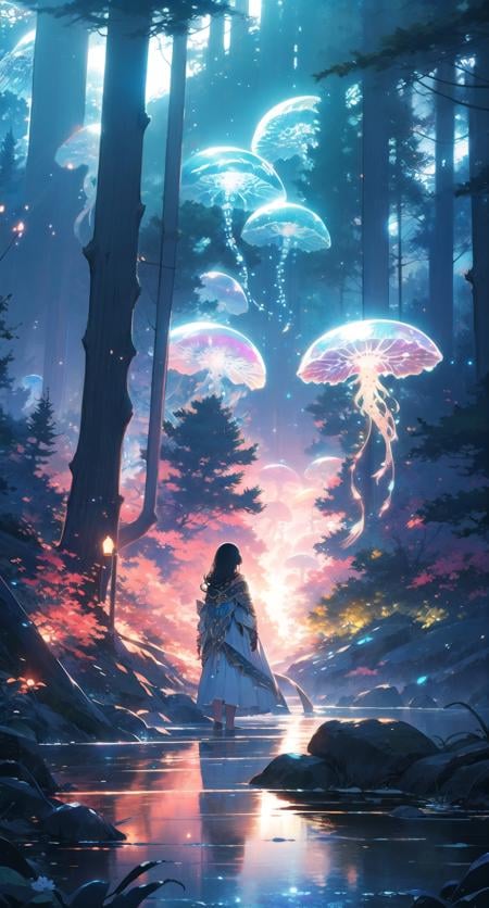 jellyfishforest, 1girl, mushroom, dress, long hair, scenery, white dress, solo, nature, water, wading, outdoors, tree, standing, black hair, fantasy, forest <lora:jellyfish-noise:1>