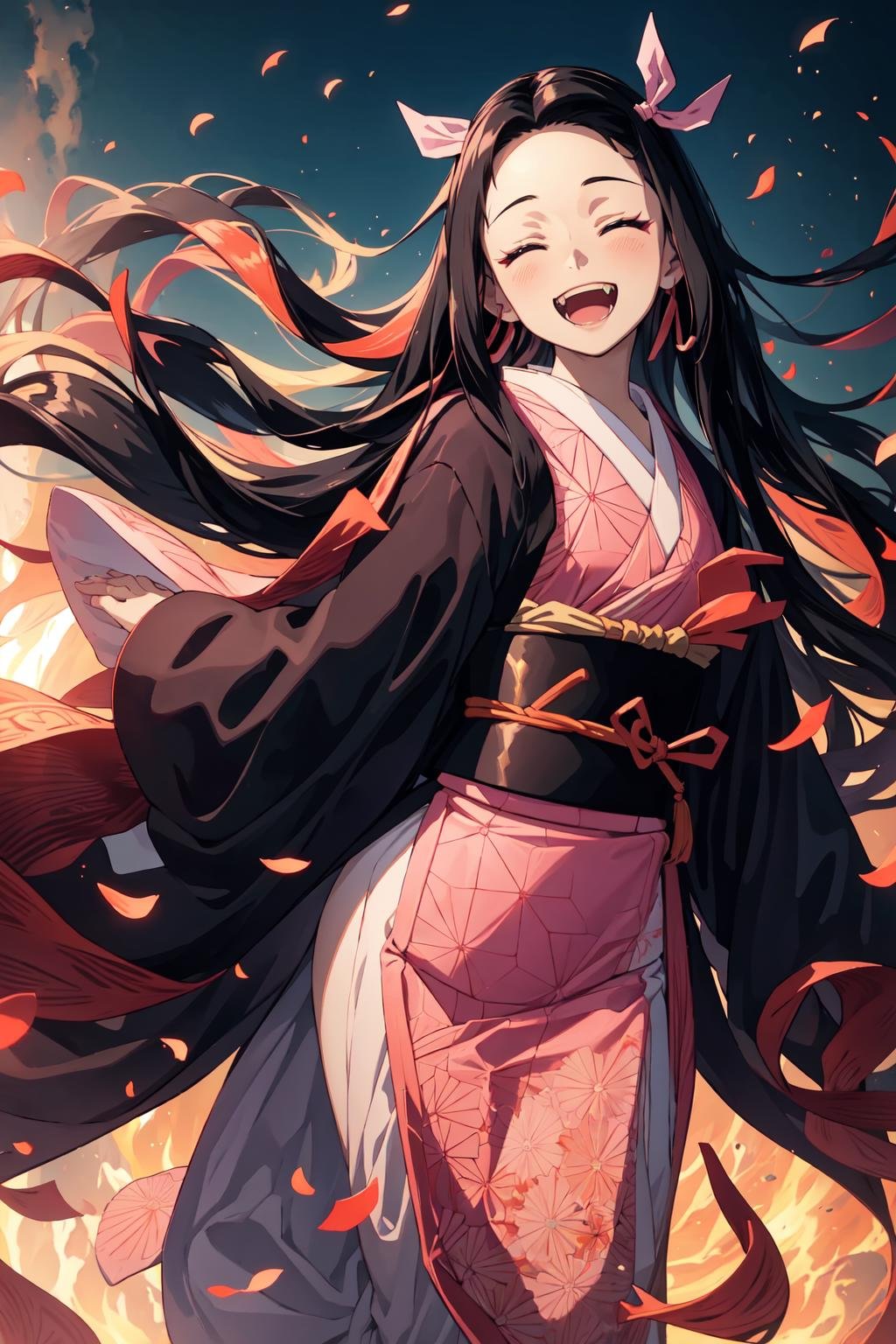 anime, hdr, soft light, ((best quality)), ((masterpiece)), (detailed), nezuko, black hair, forehead, open mouth smiling, eyes closed big fangs, very long hair, hair ribbon, japanese clothes, pink kimono, multicolored hair, pink ribbon, cleavage, standing, destruction, sparks,  <lora:nezuko-05:0.7>