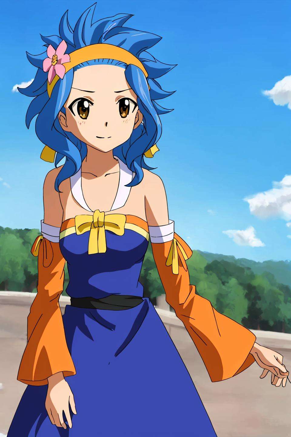 levy, fairy tail, anime art style, 1girl, solo, hair_ornament, dress, bare_shoulders, brown_eyes, blue_hair, flower, hairband, detached_sleeves, hair_flower, yellow_dress, orange_dress