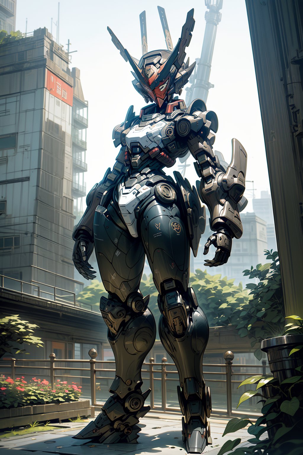 robot mask,QTQI,(giant:1.4),giant mecha,standing on city space,street,(city:1.4),(garden:1.2)(((masterpiece,best quality))),((good structure,Good composition,good atomy)),QTQI,mecha,Bronze ware