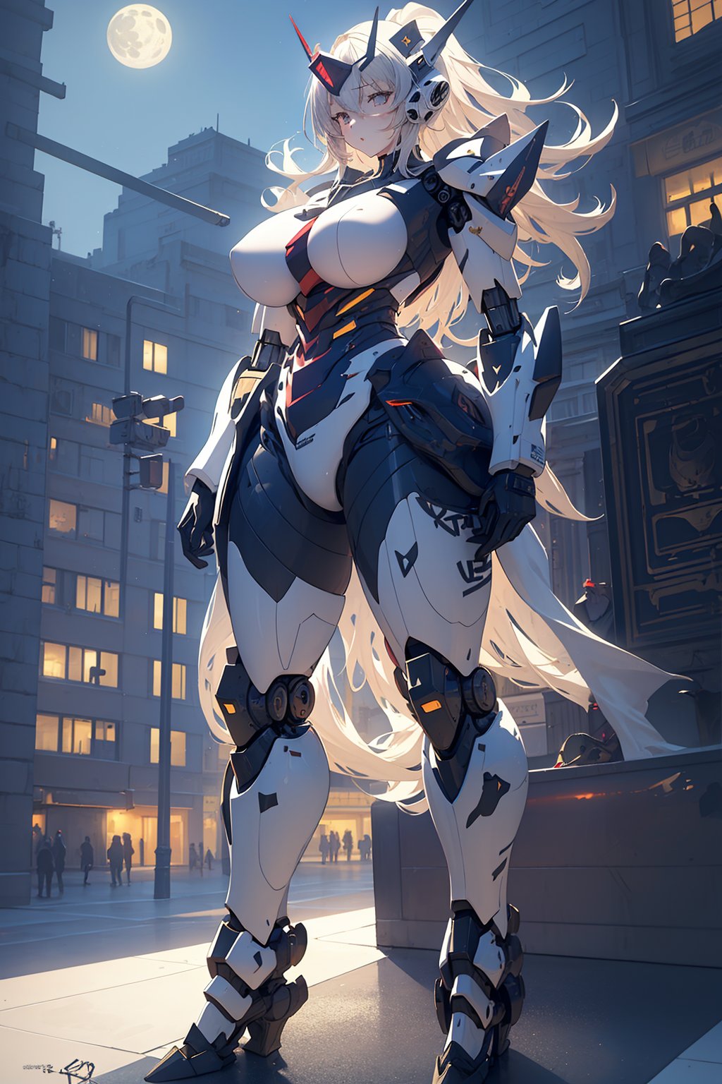 1girl mecha,(giant:1.4),standing in city garden,(night:1.3),moon,cyberpunk,(((masterpiece,best quality))),((good structure,Good composition,good atomy)),