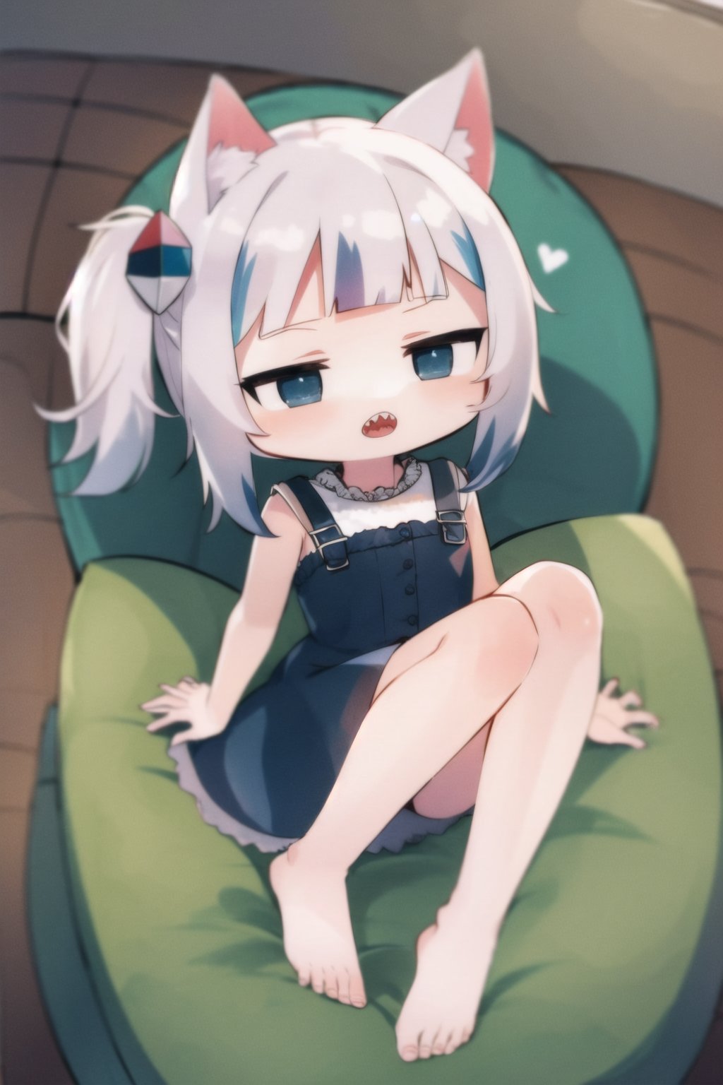 (chibi), full-body_portrait, gura_neko, blue dress, cat ears, side ponytail, barefoot, feet, sitting,sharp teeth, sitting_on_cushion, claw_pose, viewed_from_above, cute, leg_spread, kneeling, hair_ornament,