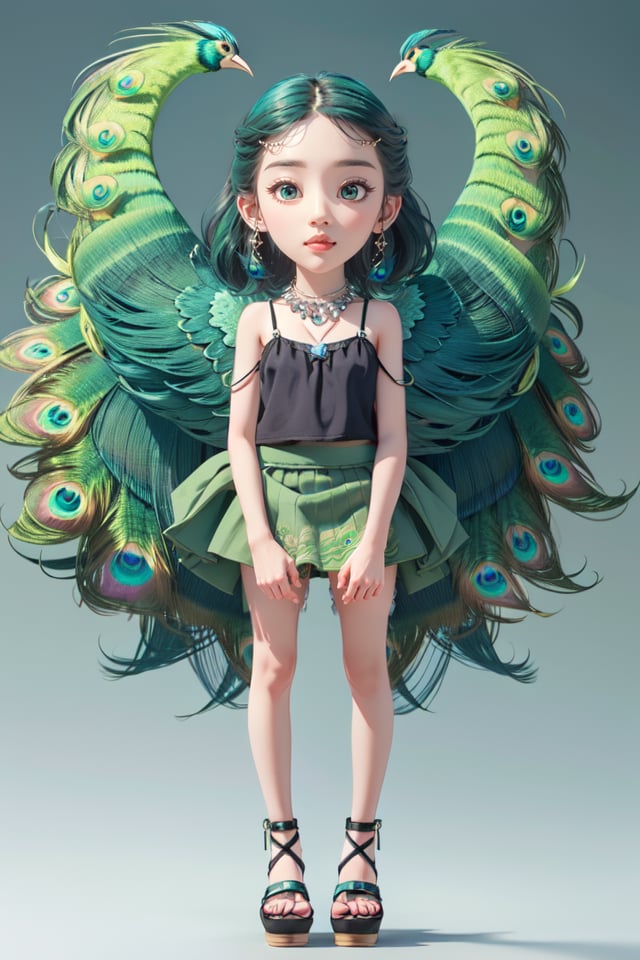 (((Feathered skirt, silk camisole, strappy sandals, crystal necklace))),masterpiece, best quality, ultra highres, sharp focus, professional, delicate, finely detailed, detailed skin, professional lighting, mature, idol, waving, confident pose,3d, 3d modeling, korean makeup, alessandro michele,3dcharacter, (full body:1.2), simple background, (light peacock green background:1.1), <lora:lyf:0.85:FACE>  <lora:fugu:0.25>  <lora:R3DG_V5:0.5>