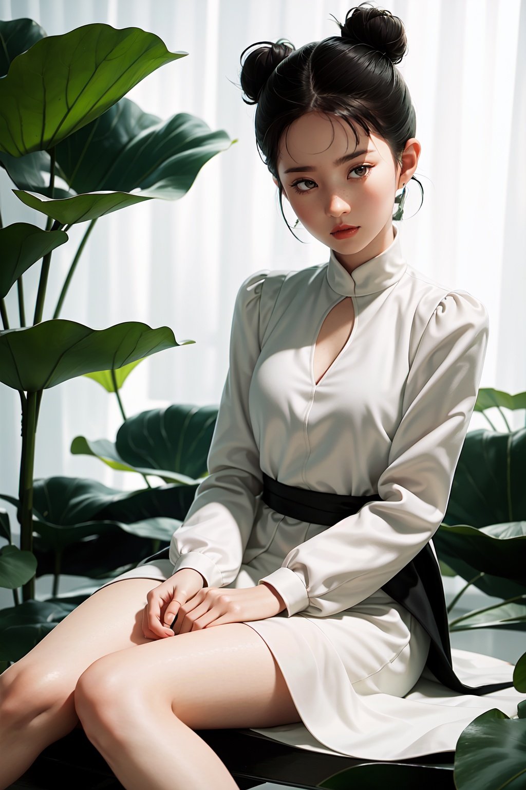  1 girl, solo, giant lotus leaf, black hair, dress, looking at the audience, white dress, hair bun, sitting, single hair bun, leaves, long sleeves, red lips, realistic ,wlqc,monkren