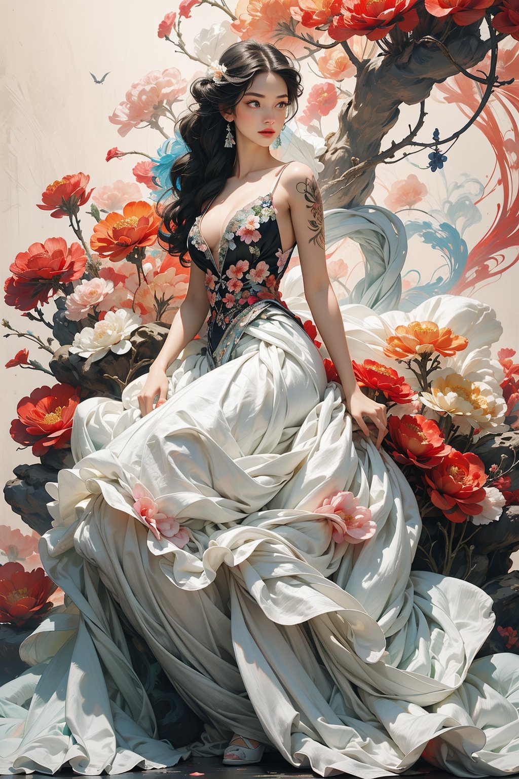  offcial art, colorful, Colorful background, splash of color
A beautiful woman with delicate facial features, big breasts, full body portrait, tattoo all over body, flower arms, Surrounded by strange Animal stitched puppets, movie perspective, advertising style, magazine cover
,girl, flowing skirts,（smoke）,Giant flowers,ZYM