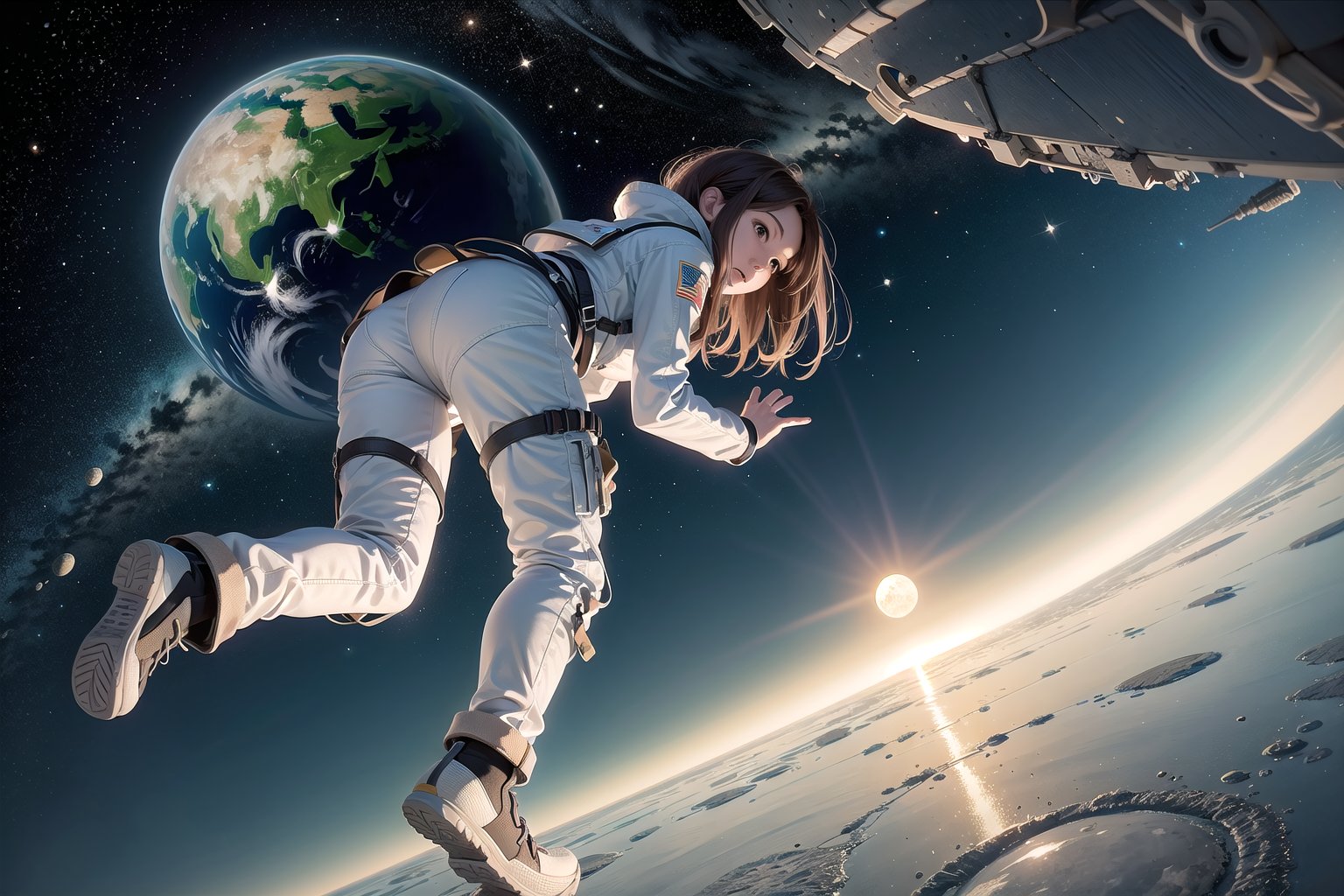 masterpiece,best quality,depth of field,full body,1girl,solo,(very wide shot:1.6),(from behind:1.2),spacesuit,cargo pants
,moon,earth,satellite,reflection,futuristic sci-fi style, fantasy style, from below, (fisheye),

(1girl) was wearing a spacesuit, standing on the (moon), feeling the low gravity and (silence). In front of her was a (gray-white soil) and (craters), behind her was a huge black (satellite). She turned around and saw the distant (earth), that blue-green (planet), sparkling with clouds and light. She wondered if people on earth could see her, if they knew she was here. She felt both lonely and free, both insignificant and great.