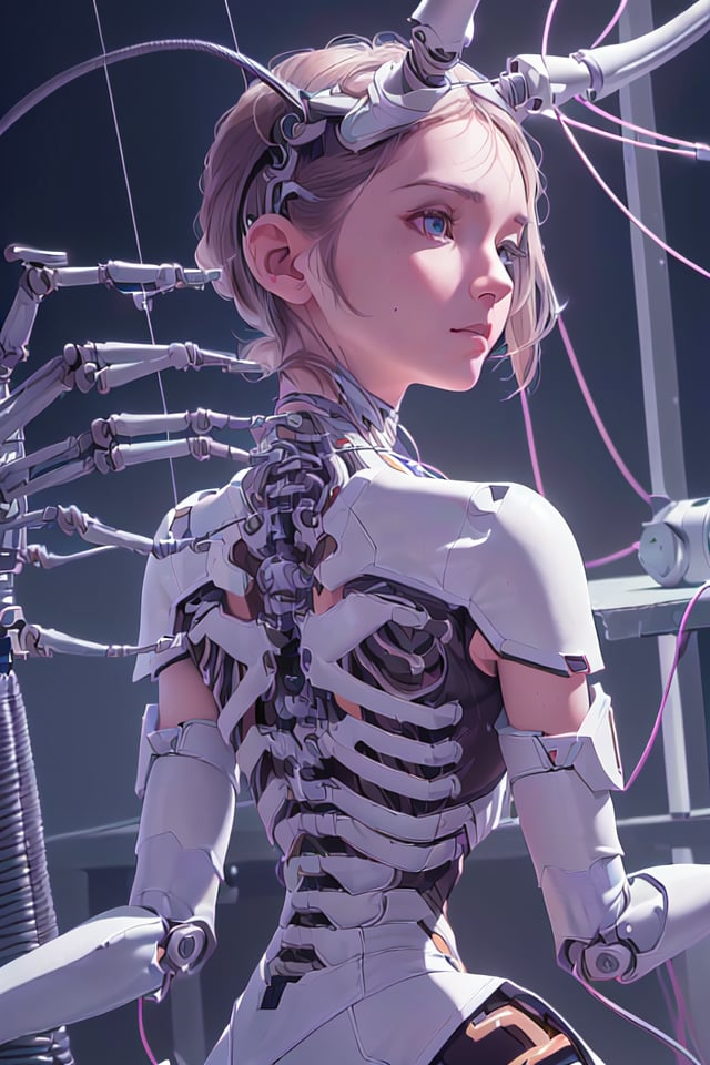 (absurdres, highres, ultra detailed), 1woman, solo, mature, cinematic light,(machine made joints:1.2),((machanical limbs)),(vessels connected to tubes),(mechanical vertebra attaching to back),((mechanical cervial attaching to neck)),(sitting),expressionless,(wires and cables attaching to neck:1.2),(wires and cables on head:1.2)(character focus),science fiction