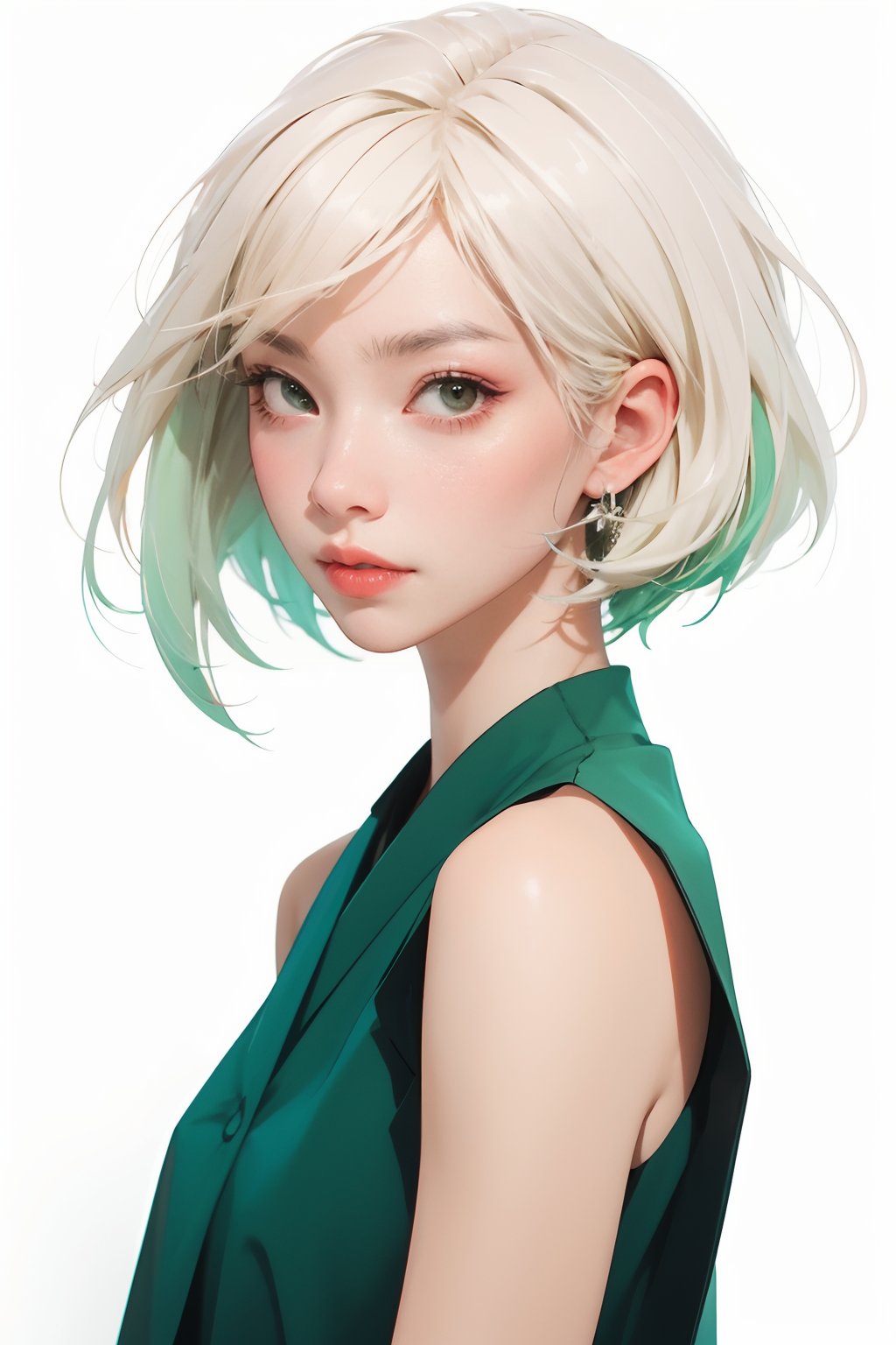  blunt bangs, masterpiece, best quality, best illustration, ultra-detailed, upper body, solo, 1 girl, looking at viewer, upright, arms at sides, beautiful detailed eyes, concept art, white background, simple background, white hair, green gradient hair, expressionless, blush, virtual youtuber, short hair,blonde hair, monkren, 2.5D