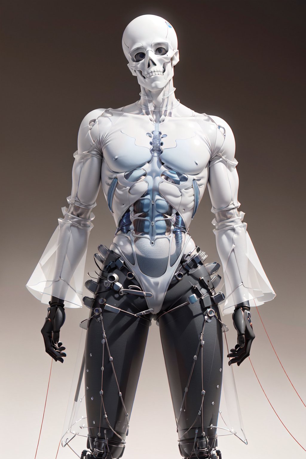 Mechanical man with muscular physique wearing a transparent shirt, revealing his skeletal structure. Monochromatic palette with futuristic vibes,2.5D