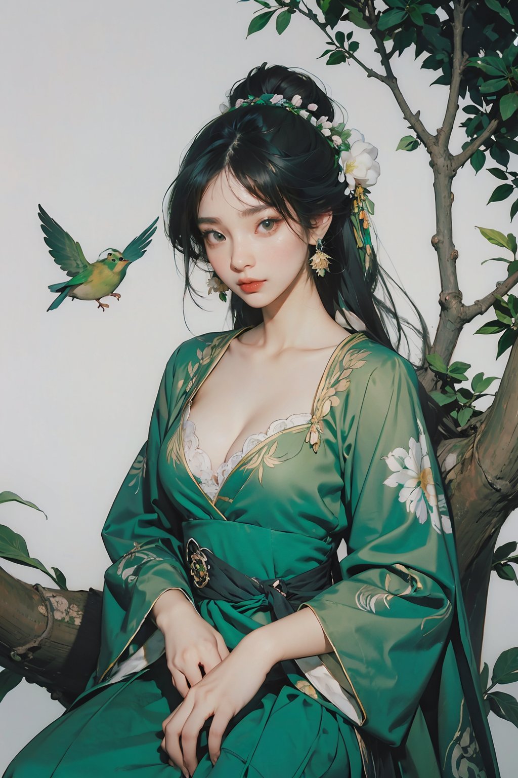  a woman in a green dress sitting on a tree branch with a bird flying over her head and a bird flying over her head,1girl,hanfu,hair ornament,black hair,long sleeves,chinese clothes,shawl,holding,jewelry,solo,long hair,full body,dress,tassel,earrings,tree,forehead mark,wide sleeves,breasts,hair stick,flower,hair bun,green dress,cleavage,bird,closed mouth,norfleet,Best quality,masterpiece,ultra high res,