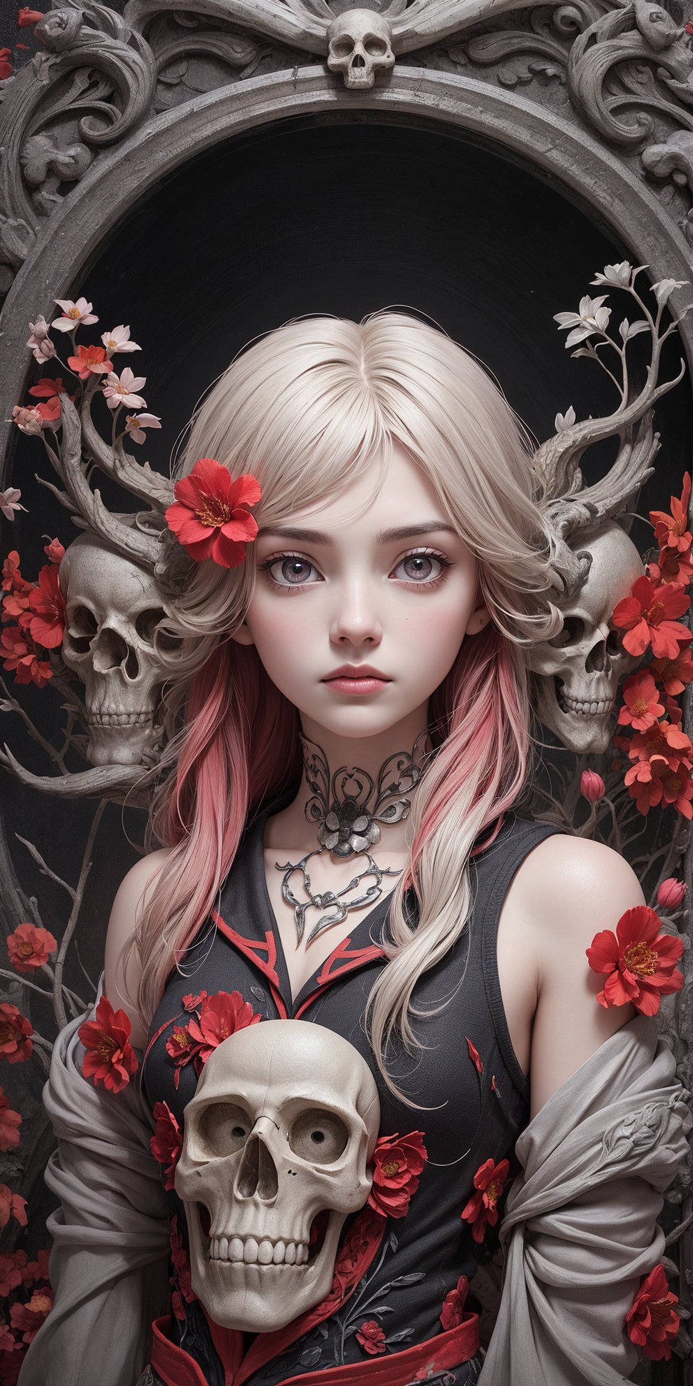 (official art,unity 8k wallpaper,ultra detailed,High quality,best quality), (zentangle, mandala, order, entangle:0.6),(red black),flat color,limited palette,low contrast,(1girl:1.5),solo,serafuku,long straight  hair,equinox flower,(skull:1.1),(horror),(gloomy),(red  pigment:1.3),(hollow eyes:1.),(expressionless eyes:1.3),Expressionless expression,gazelle,flower,bj_Alice