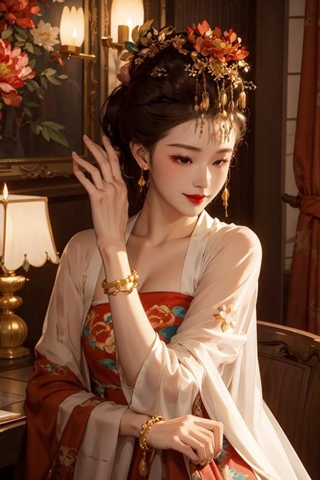 (zanhua), Best quality, masterpiece, 1 girl, solo,smile,  ((flower on head)),  wearing Tang-style clothing, flowing sleeves, floral pattern, red lips, rosy cheeks, slender figure, fair skin, delicate hands, golden bracelets, pearl earrings, headpiece with peony flowers, calm expression, graceful posture, in a lavishly decorated Chinese-style room filled with peony flowers, pink petals, delicate fragrance, intricate carvings, elegant furniture, silk cushions<lora:zanhua_v1:0.8> 