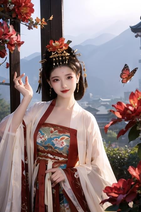 zanhua, red flower on head, ((butterfly)) , Best quality, masterpiece, brilliant colors , 1 girl, black eyes, solo, (looking at viewer), smile, happy expression, dancing with butterfly, red hanfu, holding flower, ((in the garden)), floral background,  outdoor, chinese traditional architecture, <lora:zanhua_v1:0.8> 