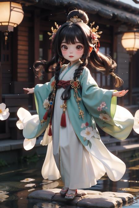 Best quality, masterpiece, 1 girl, chibi,  wearing hanfu,  looking at viewer,embroidered robe with exquisite details, gentle and demure disposition, elegant and graceful movements, silk slippers with golden embroidery,Arch bridge, slustrous black hair styled in a neat bun, graceful and precise hand movements, a humble and obedient demeanor, surrounded by the fragrance of flowers and the sound of flowing water <lora:Guofeng_mengwan_v1:0.8>