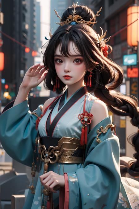 (masterpiece),(best quality), 1 girl, chibi, chinese_clothes, in white and blue hanfu, robot girl,  cyberpunk city, dynamic pose, Headdress, hair ornament, long hair, cyberpunk, a high-tech city, full of machinery and futuristic element, futurism, technology <lora:Guofeng_mengwan_v1:0.8> 