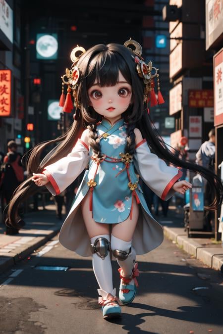 (masterpiece),(best quality), 1 girl, (chibi), full body, chinese_clothes, in white and blue Cheongsam, robot girl,  cyberpunk city, dynamic pose, Headdress, hair ornament, long hair, cyberpunk, a high-tech city, full of machinery and futuristic element, futurism, technology <lora:Guofeng_mengwan_v1:0.8> 