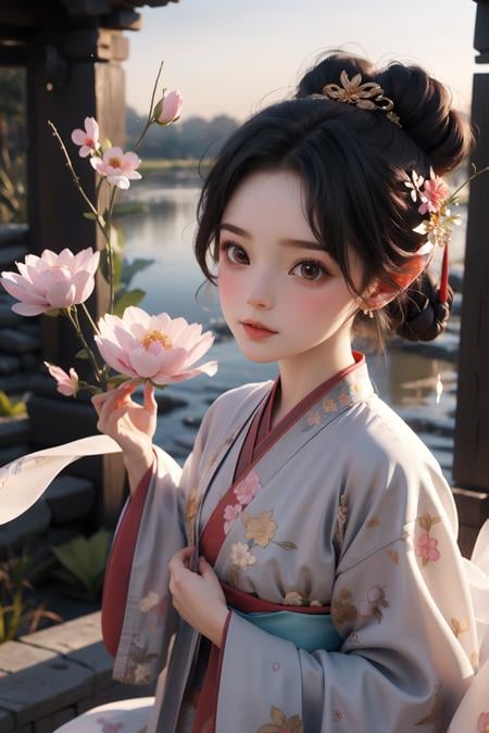 Best quality, masterpiece, 1 girl, chibi,  wearing hanfu,  looking at viewer,embroidered robe with exquisite details, gentle and demure disposition, elegant and graceful movements, silk slippers with golden embroidery,Arch bridge, slustrous black hair styled in a neat bun, graceful and precise hand movements, a humble and obedient demeanor, surrounded by the fragrance of flowers and the sound of flowing water <lora:Guofeng_mengwan_v1:0.8>