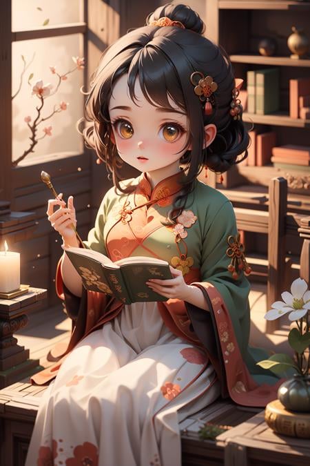 (masterpiece),(best quality), 1girl,chibi, full body,in style of blindbox, ((green Cheongsam)), sitting in a traditional Chinese study,jeweled hairpin adorning, black hair. bookshelves filled with ancient texts and scroll paintings,reading a book with a focused expression, her slender fingers turning the pages with grace and precision,The room is bathed in a soft and warm light, giving the scene a peaceful and nostalgic feel. <lora:Guofeng_mengwan_v1:0.9>