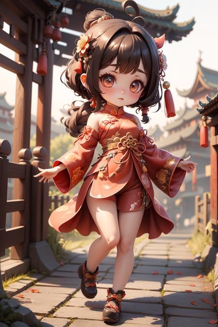 (masterpiece),(best quality),(ultra-detailed), (full body:1.2),1girl,chibi,Best quality, masterpiece,((cheongsam)),in style of blindbox, solo, full body， a Chinese girl, set in a Chinese-style scene,chinese town, brigde, maple leaf,(beautiful detailed face), (beautiful detailed eyes),  <lora:Guofeng_mengwan_v1:0.7>