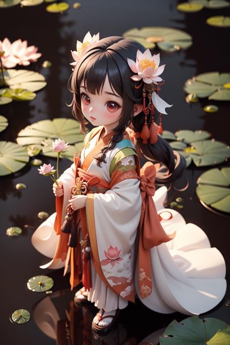 Guofeng_blindbox, Best quality, masterpiece, 1 girl, solo, blindbox 3D character, a Chinese girl in white Hanfu,Standing in the lotus leaf, set in a Chinese-style scene, brigde, ((lotus)), reflection, blue sky,  <lora:Guofeng_mengwan_v1:0.7>