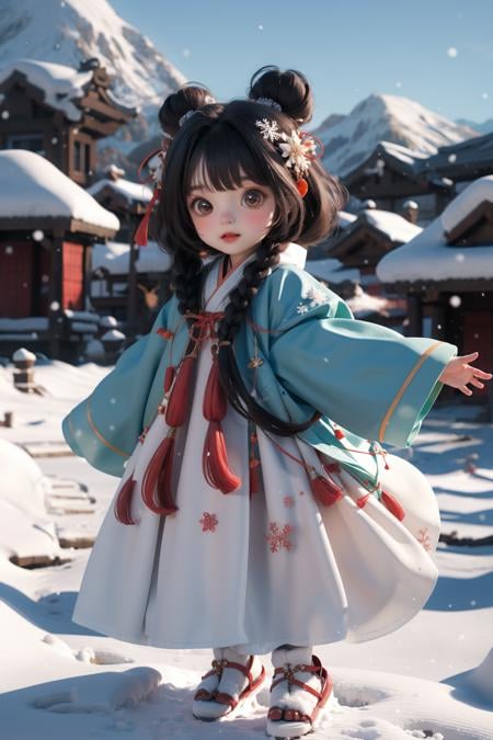 Best quality, masterpiece, 1 girl, chibi,full body, wearing hanfu,  looking at viewer,Snowy mountains, snow, snowflakes flying <lora:Guofeng_mengwan_v1:0.8>