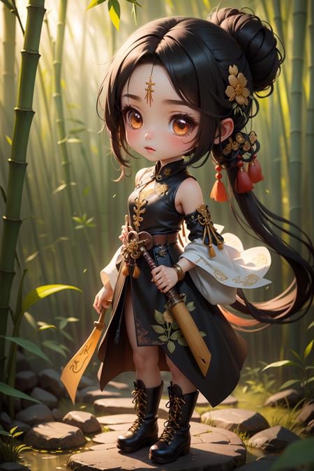 (masterpiece),(best quality),(ultra-detailed), (full body:1.2),1girl,chibi, A Chinese assassin dressed in black, with intricate gold embroidery on the collar and cuffs，black leather belt with a sharp and deadly dagger tucked into it, long black hair is pulled back into a tight bun, Black boots, ((bamboo forest)),  <lora:Guofeng_mengwan_v1:0.5>