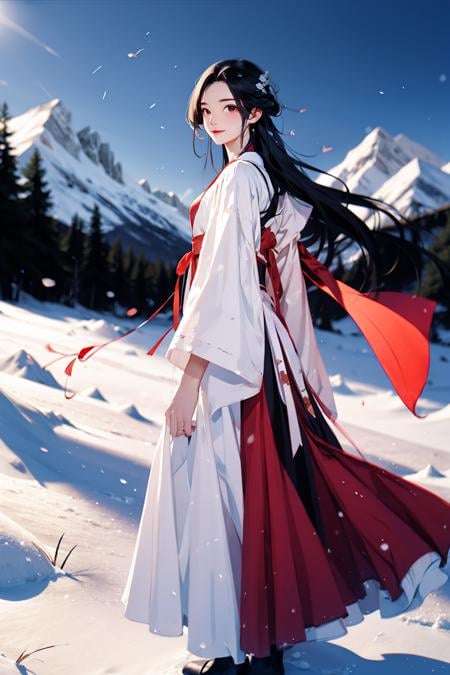 Best quality, masterpiece, 1 girl,full body, white hanfu, looking at viewer,Snowy mountains, snow, snowflakes flying <lora:Guofeng_minimalism_v1:0.8> 