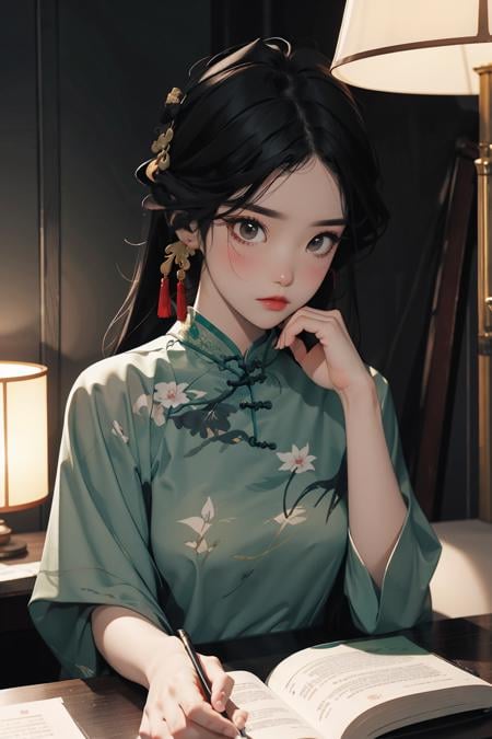 (masterpiece),(best quality), 1girl, ((green Cheongsam)), sitting in a traditional Chinese study,jeweled hairpin adorning, black hair. bookshelves filled with ancient texts and scroll paintings,reading a book with a focused expression, her slender fingers turning the pages with grace and precision,The room is bathed in a soft and warm light, giving the scene a peaceful and nostalgic feel. <lora:Guofeng_minimalism_v1:1> 