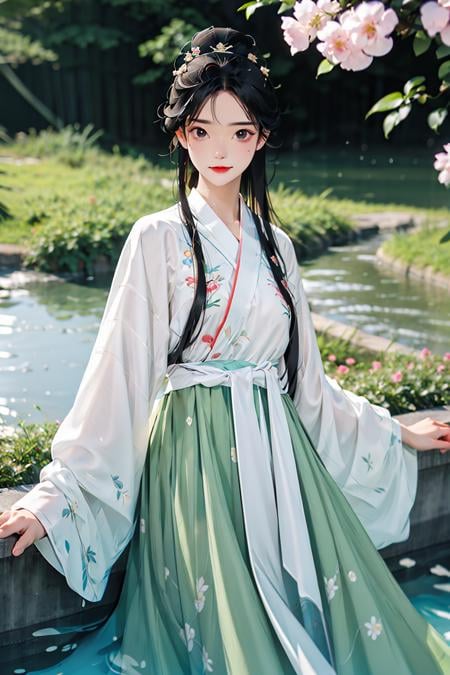 Best quality, masterpiece, 1 girl, wearing hanfu, looking at viewer,embroidered robe with exquisite details, surrounded by flowers, ((flowing water)) <lora:Guofeng_minimalism_v1:0.8> <lora:tangStyle5:0.3>