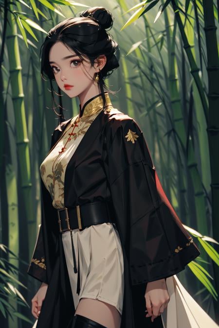 (masterpiece),(best quality),(ultra-detailed), (full body:1.2),1girl,A Chinese assassin dressed in black, with intricate gold embroidery on the collar and cuffs，black leather belt with a sharp and deadly dagger tucked into it, long black hair is pulled back into a tight bun, Black boots, ((bamboo forest)), <lora:Guofeng_minimalism_v1:1> 