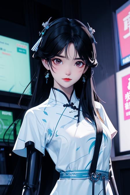 (masterpiece),(best quality), 1 girl, (chibi), chinese_clothes, in white and blue Cheongsam, robot girl,  cyberpunk city, dynamic pose, Headdress, hair ornament, long hair, cyberpunk, a high-tech city, full of machinery and futuristic element, futurism, technology <lora:Guofeng_minimalism_v1:0.8>